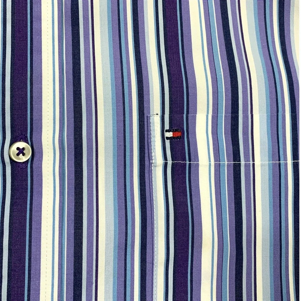 Tommy Hilfiger Button Down‎ Shirt Large Mens Purple Blue Striped Long Sleeve